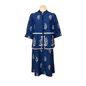 Vintage 70s Blue Leisure Suit Matching Set Dress & Jacket Chinese Print Large